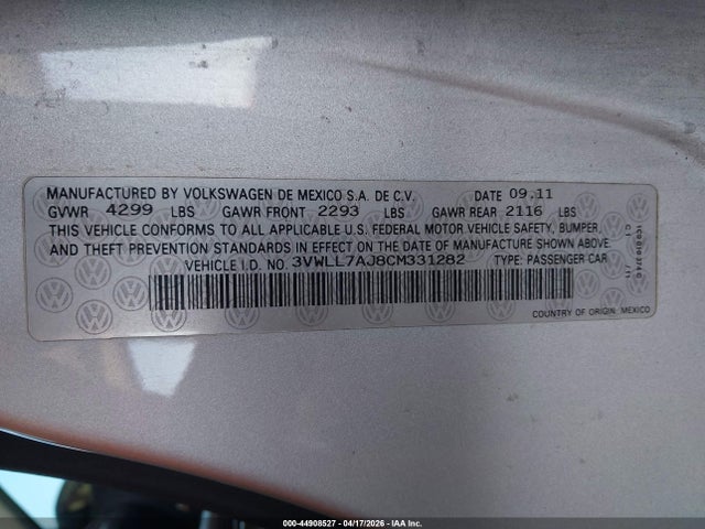 Aukcja sprzedaży 2012 Volkswagen Jetta 2.0l Tdi, vin: 3VWLL7AJ8CM331282, numer aukcji: 44908527