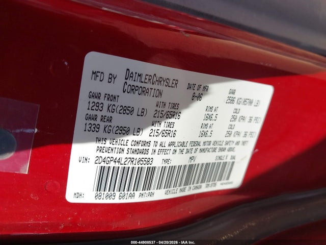 Aukcja sprzedaży 2007 Dodge Grand Caravan Sxt, vin: 2D4GP44L27R105583, numer aukcji: 44908537