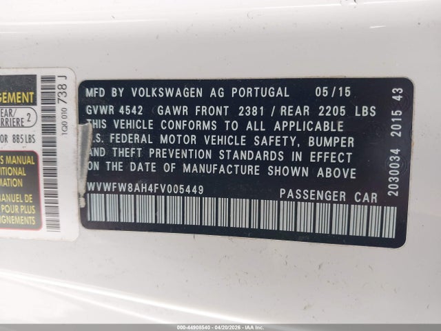 Продаж на аукціоні авто 2015 Volkswagen Eos Final Edition, vin: WVWFW8AH4FV005449, номер лоту: 44908540