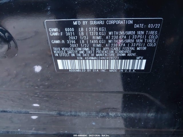 Продажа на аукционе авто 2022 Subaru Ascent Limited, vin: 4S4WMALD4N3428271, номер лота: 44908541