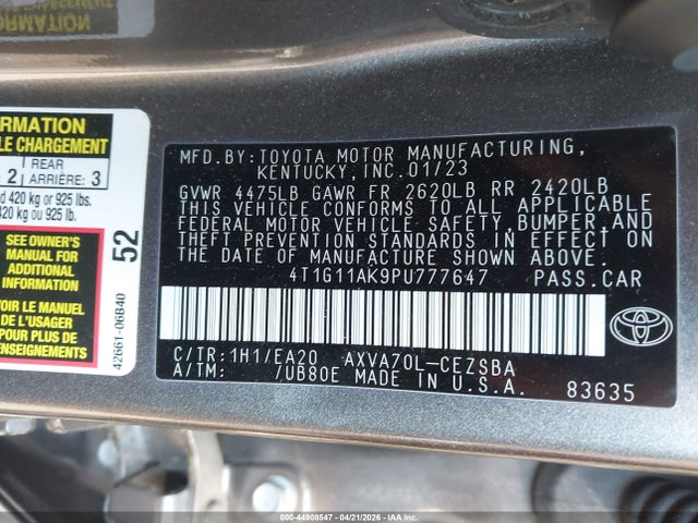 Aukcja sprzedaży 2023 Toyota Camry Se, vin: 4T1G11AK9PU777647, numer aukcji: 44908547