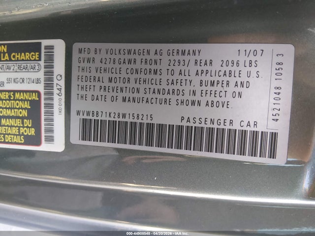 44908548 :رقم المزاد ، WVWBB71K28W158215 vin ، 2008 Volkswagen Rabbit S مزاد بيع