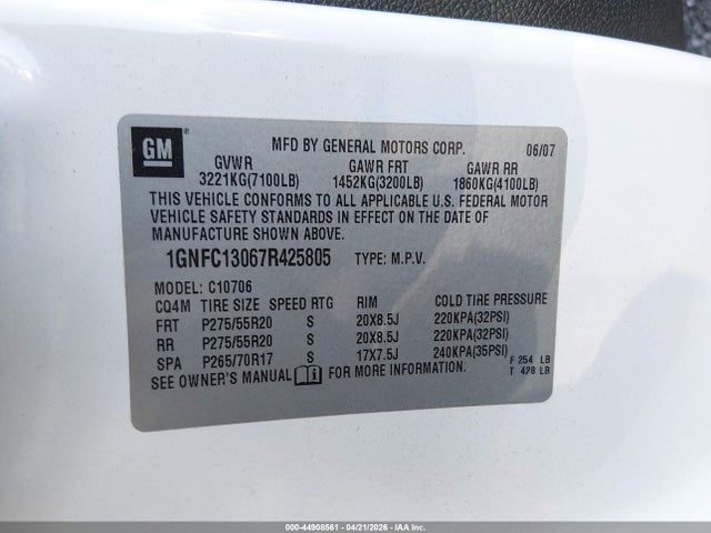 44908561 :رقم المزاد ، 1GNFC13067R425805 vin ، 2007 Chevrolet Tahoe Ltz مزاد بيع