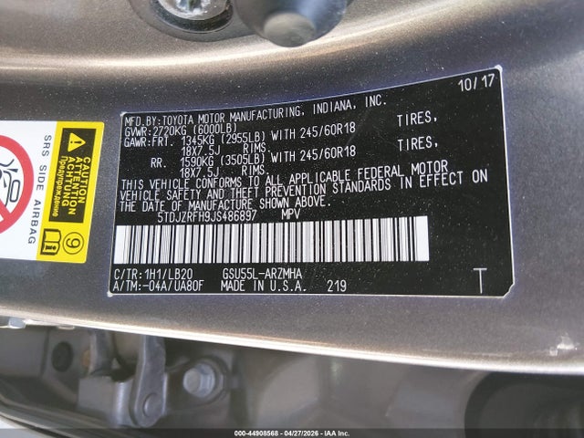 2018 Toyota Highlander Xle მანქანა იყიდება აუქციონზე, vin: 5TDJZRFH9JS486897, აუქციონის ნომერი: 44908568