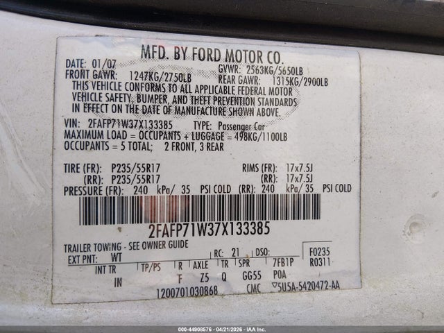 Продаж на аукціоні авто 2007 Ford Crown Victoria Police/police Interceptor, vin: 2FAFP71W37X133385, номер лоту: 44908576