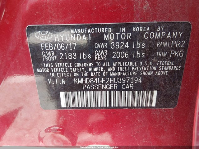 KMHD84LF2HU397194 Hyundai ELANTRA SE