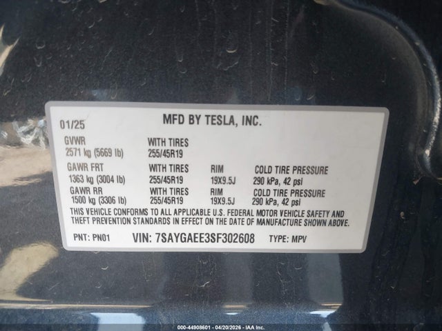Aukcja sprzedaży 2025 Tesla Model Y Long Range Dual Motor All-wheel Drive, vin: 7SAYGAEE3SF302608, numer aukcji: 44908601