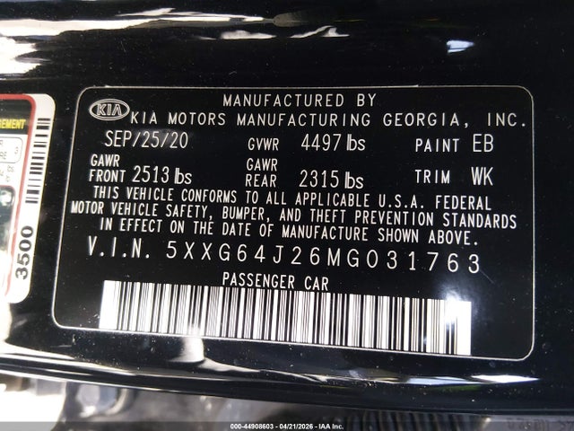 Aukcja sprzedaży 2021 Kia K5 Gt-line, vin: 5XXG64J26MG031763, numer aukcji: 44908603