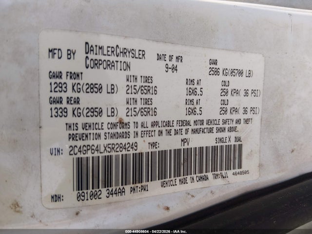 Продаж на аукціоні авто 2005 Chrysler Town & Country Limited, vin: 2C4GP64LX5R284249, номер лоту: 44908604