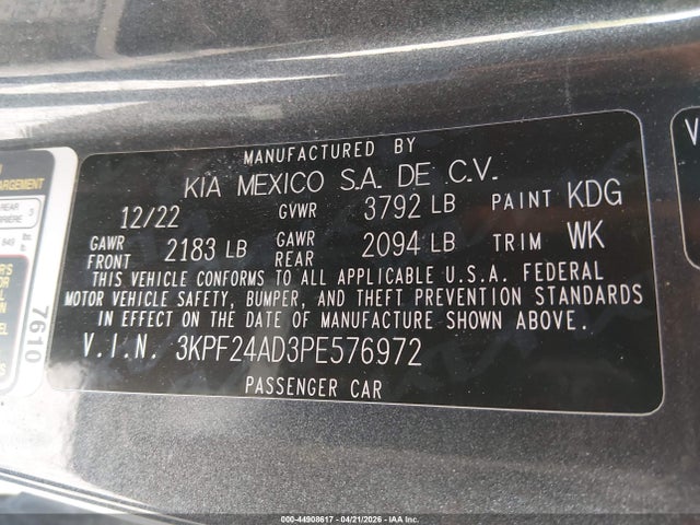 Aukcja sprzedaży 2023 Kia Forte Lxs, vin: 3KPF24AD3PE576972, numer aukcji: 44908617