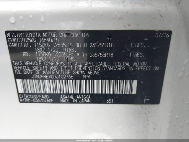 44908625 :رقم المزاد ، JTMDFREV0GJ102766 vin ، 2016 Toyota Rav4 Limited مزاد بيع