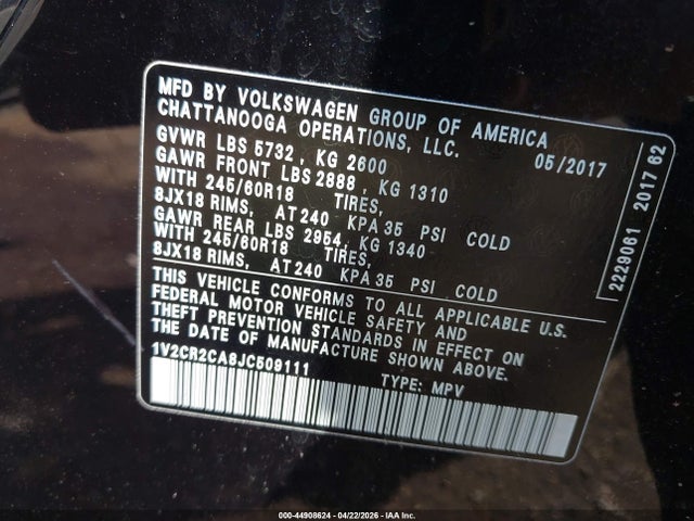 Продажа на аукционе авто 2018 Volkswagen Atlas 3.6l V6 Se, vin: 1V2CR2CA8JC509111, номер лота: 44908624