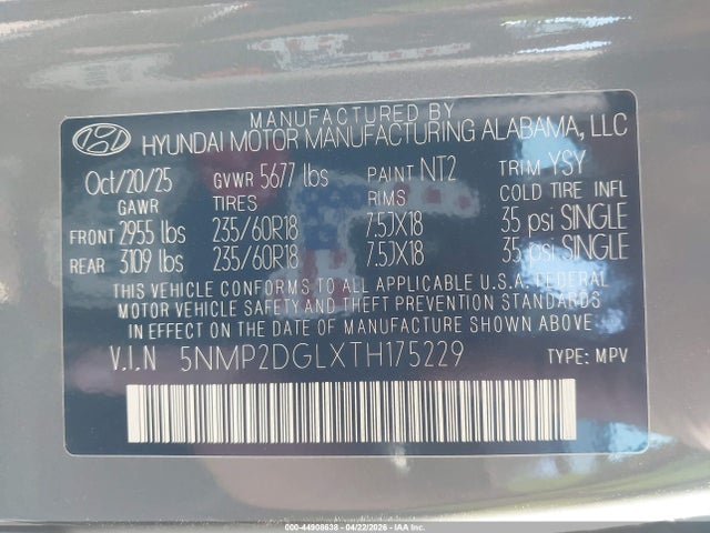 2026 Hyundai Santa Fe Sel მანქანა იყიდება აუქციონზე, vin: 5NMP2DGLXTH175229, აუქციონის ნომერი: 44908638