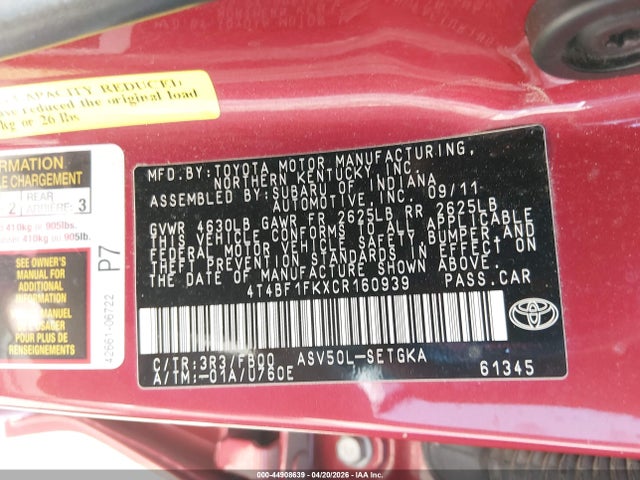 Продажа на аукционе авто 2012 Toyota Camry Xle, vin: 4T4BF1FKXCR160939, номер лота: 44908639