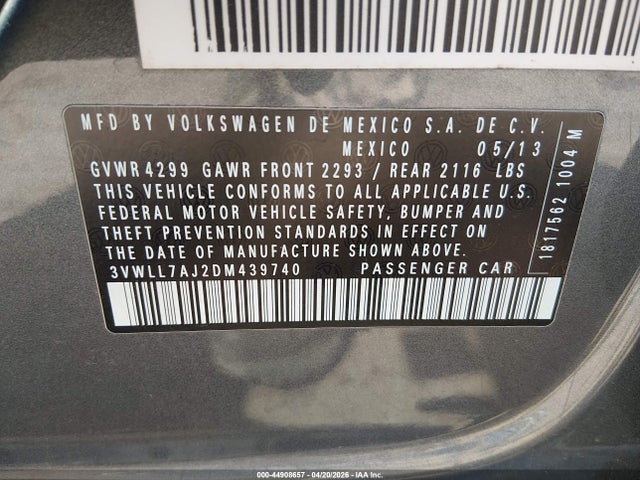 2013 Volkswagen Jetta 2.0l Tdi მანქანა იყიდება აუქციონზე, vin: 3VWLL7AJ2DM439740, აუქციონის ნომერი: 44908657