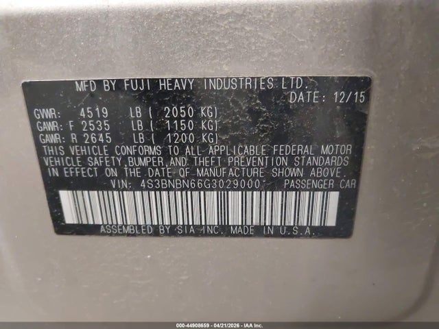 44908659 :رقم المزاد ، 4S3BNBN66G3029000 vin ، 2016 Subaru Legacy 2.5i Limited مزاد بيع