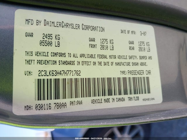 44908660 :رقم المزاد ، 2C3LK63H47H771762 vin ، 2007 Chrysler 300c مزاد بيع
