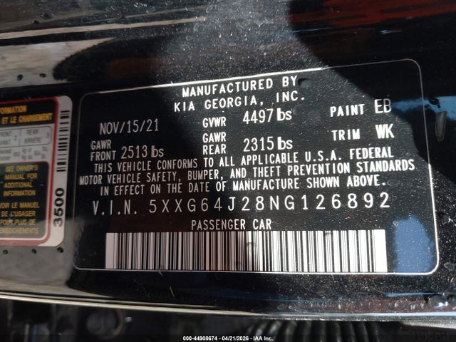 Aukcja sprzedaży 2022 Kia K5 Gt-line, vin: 5XXG64J28NG126892, numer aukcji: 44908674