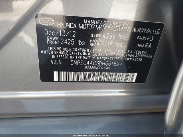 Продаж на аукціоні авто 2013 Hyundai Sonata Limited, vin: 5NPEC4AC3DH661897, номер лоту: 44908675