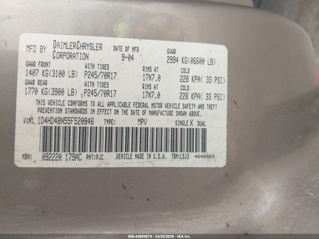Aukcja sprzedaży 2005 Dodge Durango Slt, vin: 1D4HD48N55F520846, numer aukcji: 44908679