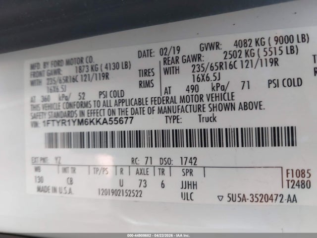 2019 Ford Transit-250 მანქანა იყიდება აუქციონზე, vin: 1FTYR1YM6KKA55677, აუქციონის ნომერი: 44908682