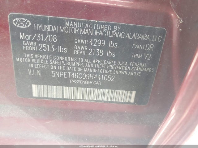 Продаж на аукціоні авто 2009 Hyundai Sonata Gls, vin: 5NPET46C09H441052, номер лоту: 44908689
