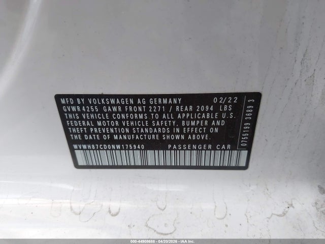 44908688 :رقم المزاد ، WVWH87CD0NW175940 vin ، 2022 Volkswagen Golf Gti 2.0t S مزاد بيع