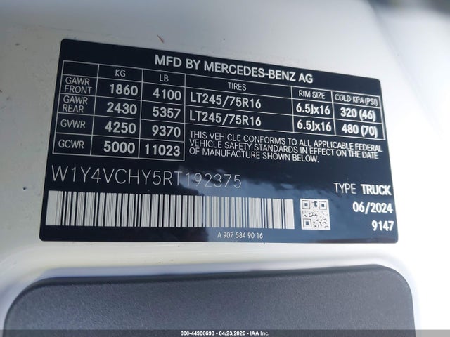 Aukcja sprzedaży 2024 Mercedes-benz Esprinter 2500 High Roof Ho, vin: W1Y4VCHY5RT192375, numer aukcji: 44908693