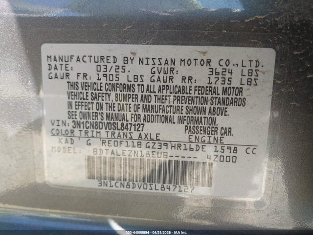 Продаж на аукціоні авто 2025 Nissan Versa 1.6 S, vin: 3N1CN8DV0SL847127, номер лоту: 44908694