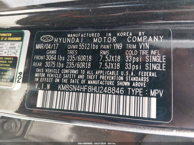 Продажа на аукционе авто 2017 Hyundai Santa Fe Se, vin: KM8SN4HF8HU248846, номер лота: 44908695