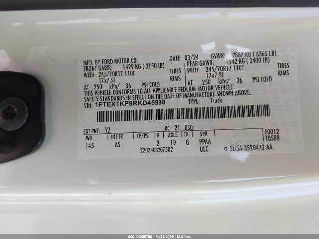 Aukcja sprzedaży 2024 Ford F-150 Xl, vin: 1FTEX1KP8RKD45988, numer aukcji: 44908706