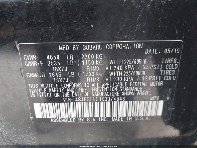 Aukcja sprzedaży 2019 Subaru Outback 3.6r Limited, vin: 4S4BSENC1K3374648, numer aukcji: 44908708