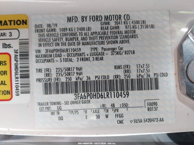 Продаж на аукціоні авто 2020 Ford Fusion Se, vin: 3FA6P0HD6LR110459, номер лоту: 44908709