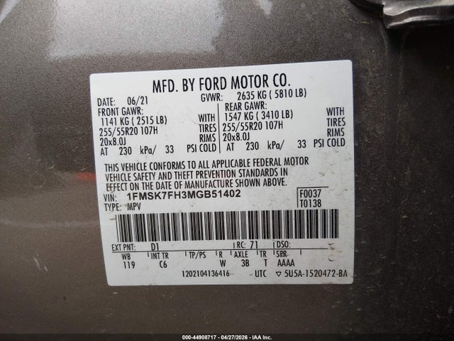 Продажа на аукционе авто 2021 Ford Explorer Limited, vin: 1FMSK7FH3MGB51402, номер лота: 44908717