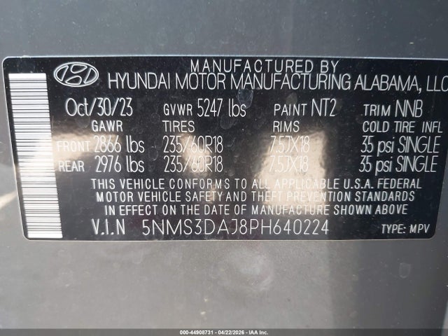 Aukcja sprzedaży 2023 Hyundai Santa Fe Sel, vin: 5NMS3DAJ8PH640224, numer aukcji: 44908731