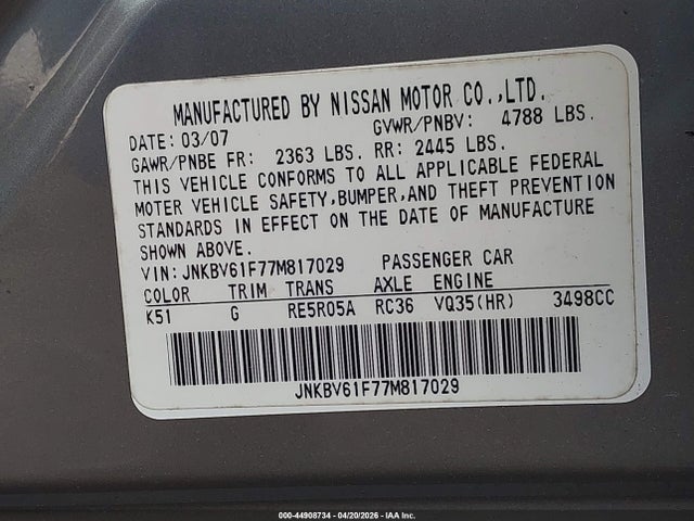 Aukcja sprzedaży 2007 Infiniti G35x, vin: JNKBV61F77M817029, numer aukcji: 44908734