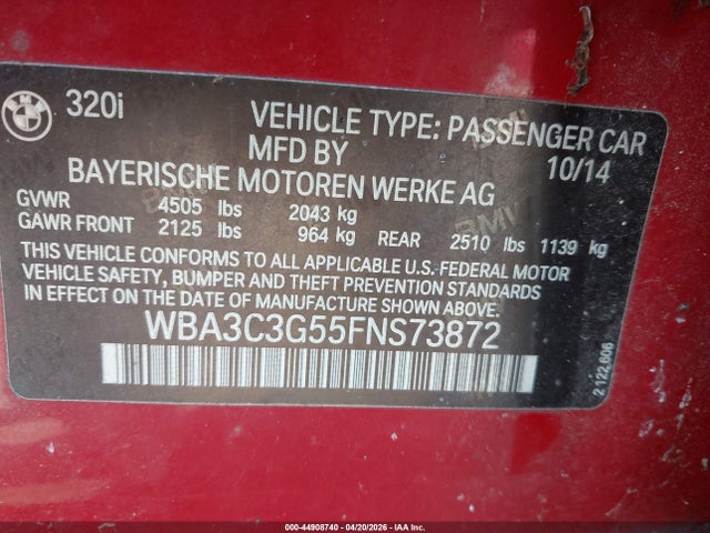 2015 Bmw 320i Xdrive მანქანა იყიდება აუქციონზე, vin: WBA3C3G55FNS73872, აუქციონის ნომერი: 44908740