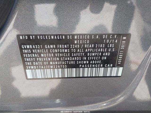 44908741 :رقم المزاد ، 3VWD17AJ7FM226733 vin ، 2015 Volkswagen Jetta 1.8t Sport مزاد بيع