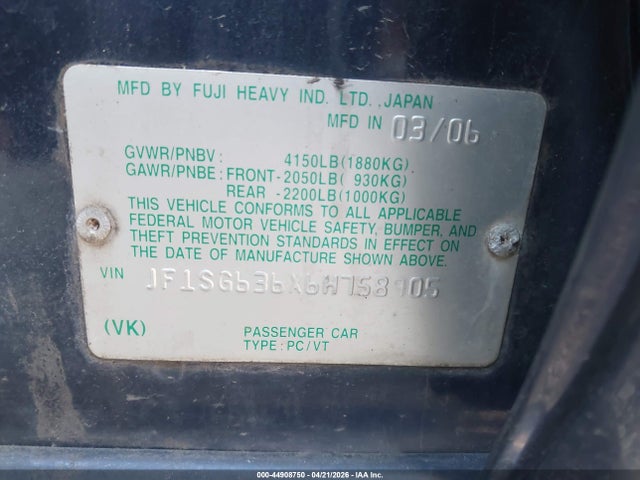 44908750 :رقم المزاد ، JF1SG636X6H758905 vin ، 2006 Subaru Forester 2.5x مزاد بيع