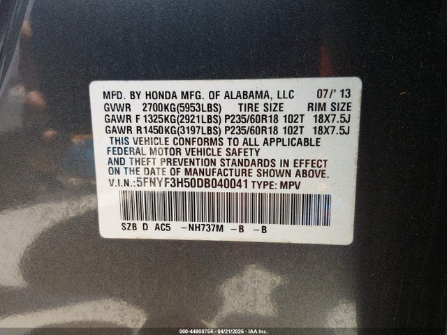Aukcja sprzedaży 2013 Honda Pilot Ex-l, vin: 5FNYF3H50DB040041, numer aukcji: 44908754