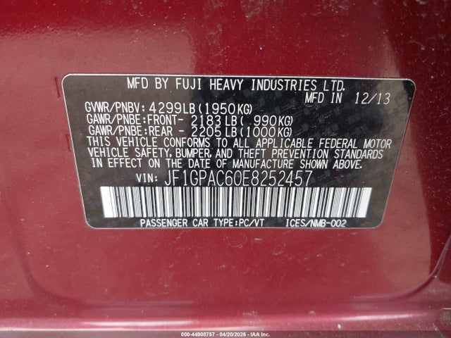 Aukcja sprzedaży 2014 Subaru Impreza 2.0i Premium, vin: JF1GPAC60E8252457, numer aukcji: 44908757