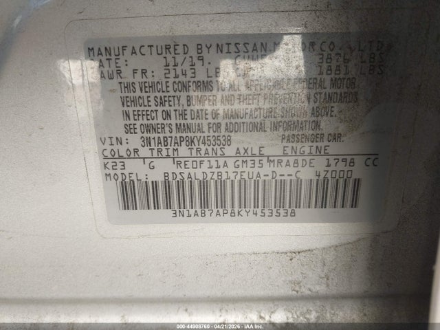 Aukcja sprzedaży 2019 Nissan Sentra Sv, vin: 3N1AB7AP8KY453538, numer aukcji: 44908760