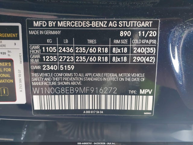 44908761 :رقم المزاد ، W1N0G8EB9MF916272 vin ، 2021 Mercedes-benz Glc 300 4matic Suv مزاد بيع