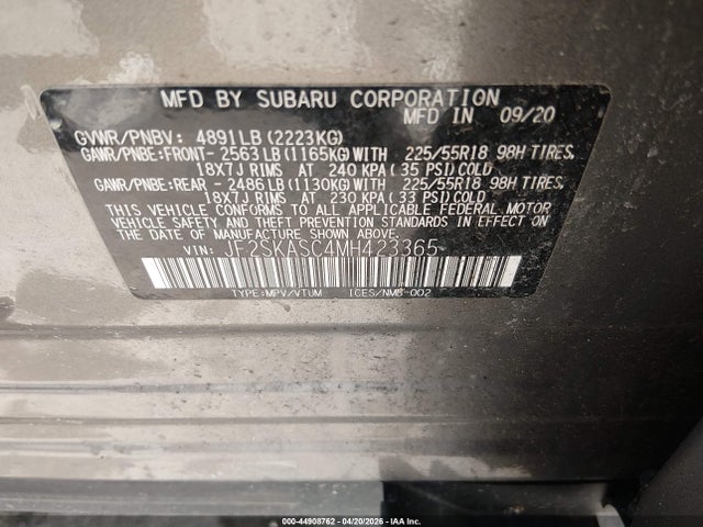 Aukcja sprzedaży 2021 Subaru Forester Limited, vin: JF2SKASC4MH423365, numer aukcji: 44908762