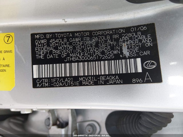 Aukcja sprzedaży 2006 Lexus Es 330, vin: JTHBA30G065172625, numer aukcji: 44908774