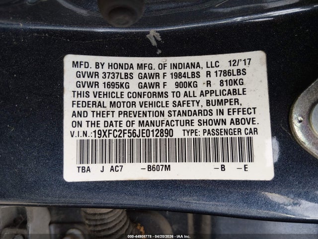 44908778 :رقم المزاد ، 19XFC2F56JE012890 vin ، 2018 Honda Civic Lx مزاد بيع