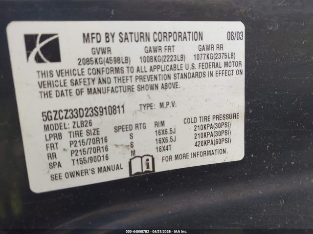 Продаж на аукціоні авто 2003 Saturn Vue 4 Cyl, vin: 5GZCZ33D23S910811, номер лоту: 44908782