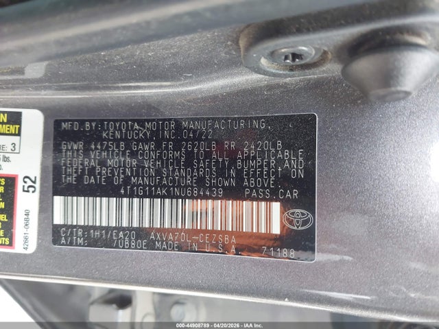 Продажа на аукционе авто 2022 Toyota Camry Se, vin: 4T1G11AK1NU684439, номер лота: 44908789