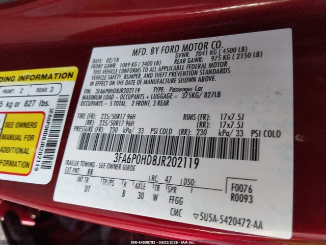 2018 Ford Fusion Se მანქანა იყიდება აუქციონზე, vin: 3FA6P0HD8JR202119, აუქციონის ნომერი: 44908792