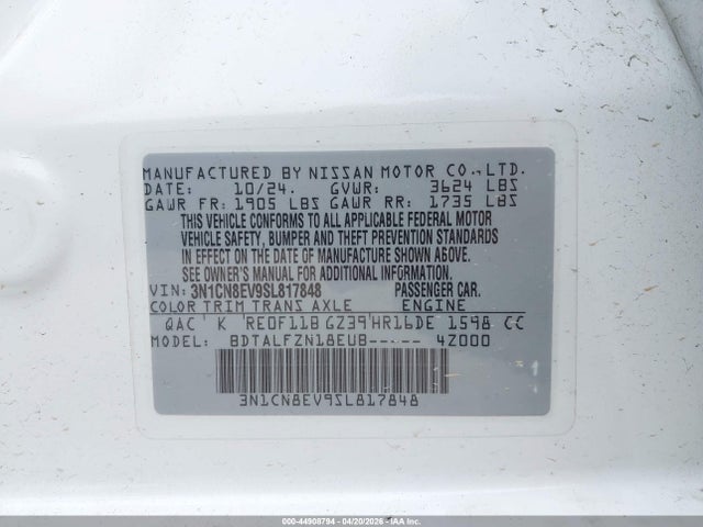 2025 Nissan Versa 1.6 Sv მანქანა იყიდება აუქციონზე, vin: 3N1CN8EV9SL817848, აუქციონის ნომერი: 44908794